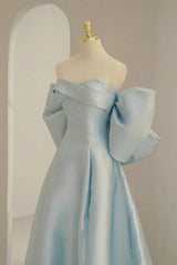 Blue Satin Long Corset Prom Dress with Big Bow, Blue A-Line Evening Party Dress Outfits, Long Dress