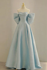 Blue Satin Long Corset Prom Dress with Big Bow, Blue A-Line Evening Party Dress Outfits, Prom Theme