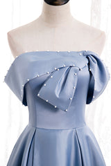 Blue Satin Long Corset Prom Dress with Pearls, Blue A-Line Strapless Party Dress Outfits, Wedding Photo Ideas