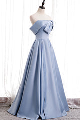 Blue Satin Long Corset Prom Dress with Pearls, Blue A-Line Strapless Party Dress Outfits, Wedding Inspo