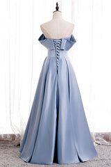 Blue Satin Long Corset Prom Dress with Pearls, Blue A-Line Strapless Party Dress Outfits, Spring Wedding