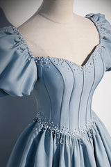Blue Satin Long Corset Prom Dress with Pearls, Blue Short Sleeves A-line Evening Dress outfit, Formal Dresses Lace