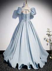 Blue Satin Long Corset Prom Dress with Pearls, Blue Short Sleeves A-line Evening Dress outfit, Formal Dresses Gowns