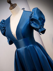 Blue Satin Long Corset Prom Dress with Short Sleeves, Blue Evening Corset Formal Dress outfit, Modest Dress