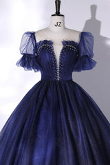 Blue Scoop Neckline Tulle Long Corset Prom Dress, A-Line Short Sleeve Evening Gown outfits, Festival Outfit