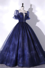 Blue Scoop Neckline Tulle Long Corset Prom Dress, A-Line Short Sleeve Evening Gown outfits, Homecoming Dresses For Kids