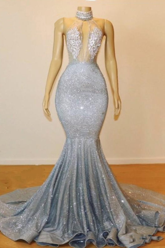 Blue Sequins Backless Long Mermaid Crystal Beaded Corset Prom Dress outfits, Party Dresses Designer