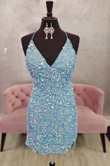 Blue Sequins Backless Tight Corset Homecoming Dress outfit, Blue Sequins Backless Tight Homecoming Dress