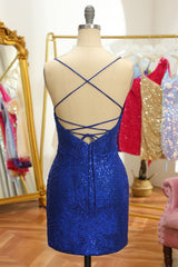 Blue Sequins Tight Backless Short Corset Homecoming Dress outfit, Blue Sequins Tight Backless Short Homecoming Dress
