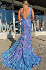 Blue Sequins V-Neck Mermaid Corset Prom Dress outfits, Blue Sequins V-Neck Mermaid Prom Dress