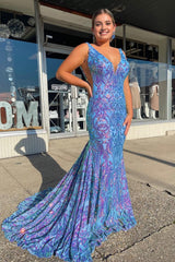 Blue Sequins V-Neck Mermaid Corset Prom Dress outfits, Blue Sequins V-Neck Mermaid Prom Dress