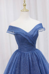 Blue Shiny Tulle Off the Shoulder Corset Prom Dress, Blue V-Neck Evening Dress outfit, Prom Dresses For 031