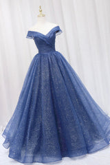 Blue Shiny Tulle Off the Shoulder Corset Prom Dress, Blue V-Neck Evening Dress outfit, Prom Dress Styles