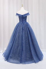 Blue Shiny Tulle Off the Shoulder Corset Prom Dress, Blue V-Neck Evening Dress outfit, Prom Dresses Style