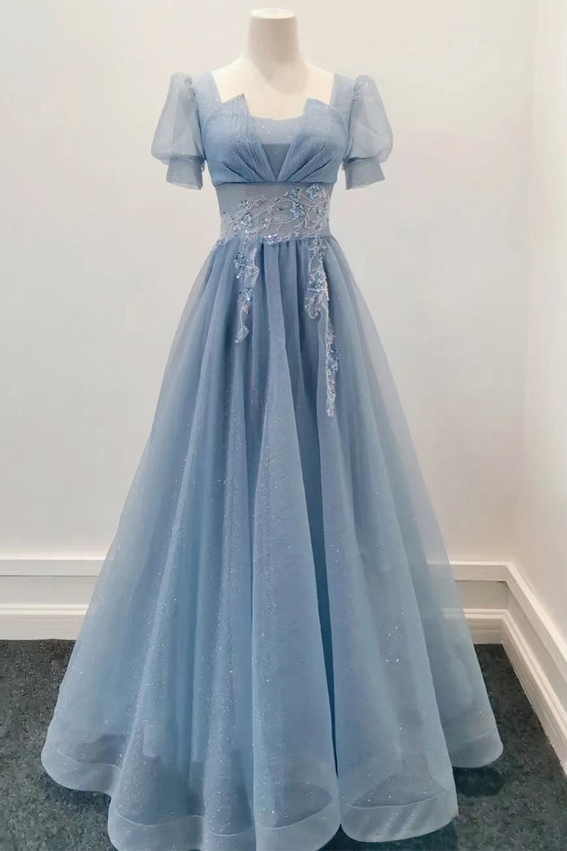 Blue Shiny Tulle Short Sleeves Long Corset Formal Dress, Blue A-line Corset Prom Dress outfits, Party Dress Bridal