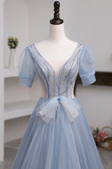 Blue Short Sleeve Tulle Floor Length Corset Prom Dress with Beaded, Blue A-Line Evening Dress outfit, Prom Dresses Country