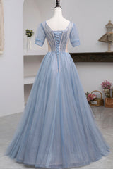Blue Short Sleeve Tulle Floor Length Corset Prom Dress with Beaded, Blue A-Line Evening Dress outfit, Prom Dresses Champagne
