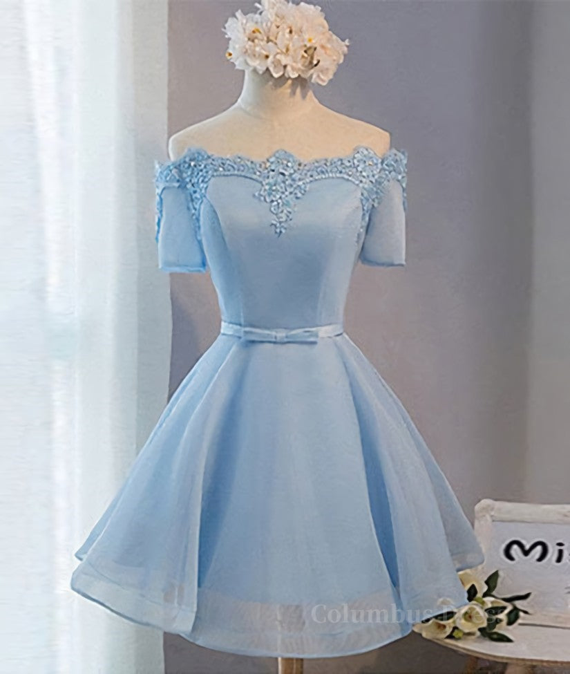 Blue Short Sleeves Lace-up Organza Bow Corset Prom Dresses, Corset Homecoming Dresses outfit, Classy Dress