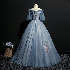 Blue Short Sleeves Long Tulle with Flower Applique Party Dress, Blue Sweet 16 Dress outfit, Party Dress On Sale