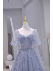 Blue Short Sleeves Tulle Long Sweetheart Party Dress, A-line Blue Corset Prom Dress outfits, Bridesmaid Dresses Navy Blue