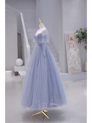 Blue Short Sleeves Tulle Long Sweetheart Party Dress, A-line Blue Corset Prom Dress outfits, Bridesmaid Dresses 3 11 Length