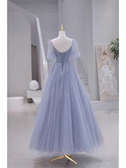 Blue Short Sleeves Tulle Long Sweetheart Party Dress, A-line Blue Corset Prom Dress outfits, Bridesmaid Dress As Wedding Dress