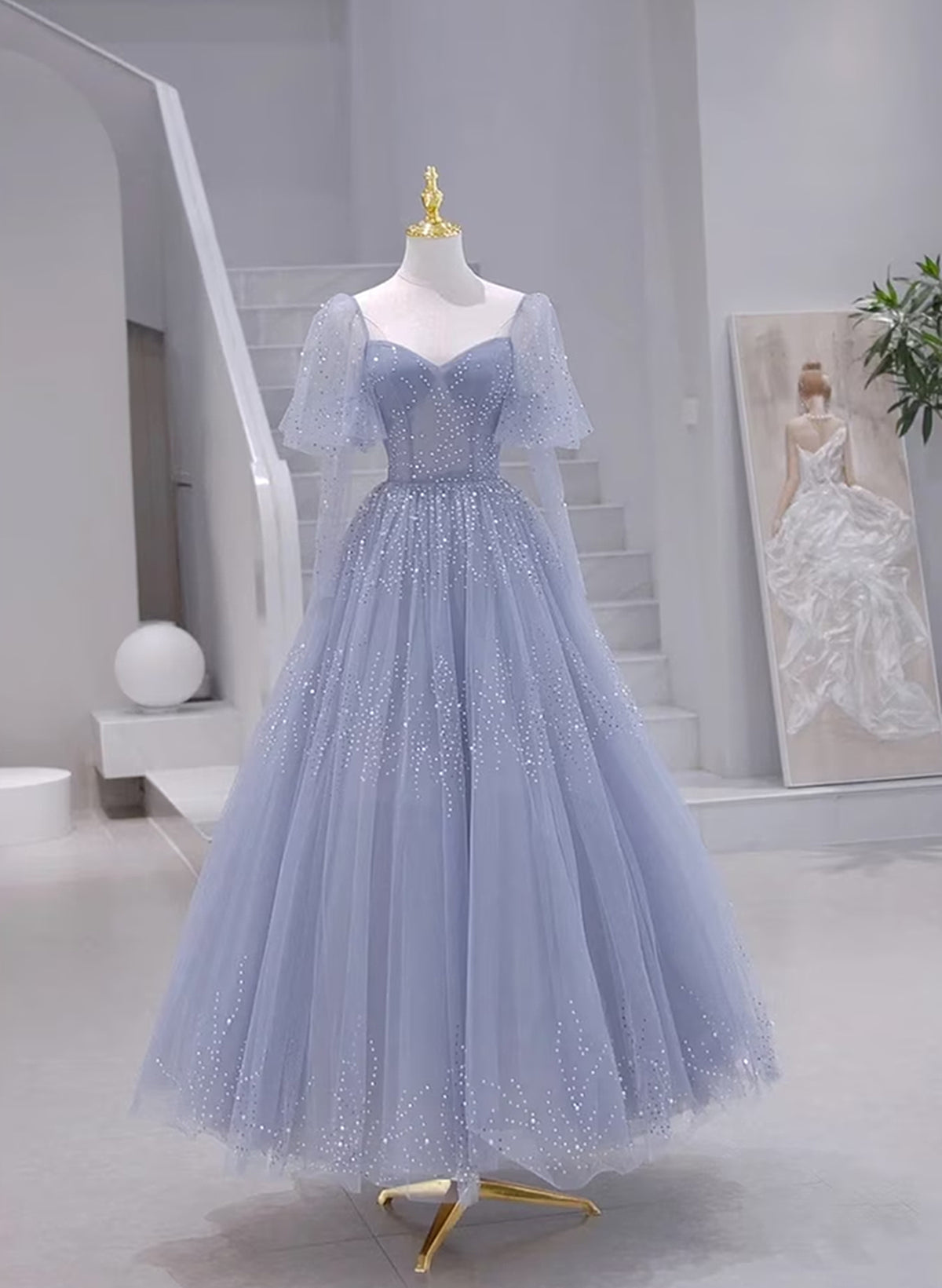 Blue Short Sleeves Tulle Long Sweetheart Party Dress, A-line Blue Corset Prom Dress outfits, Bridesmaid Dresses Sale