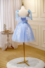 Blue Spaghetti Strap Lace Short Corset Prom Dress, Lovely A-Line Corset Homecoming Dress outfit, Party Dresses For Girl