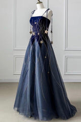 Blue Spaghetti Strap Long Corset Prom Dress with Star, Blue Evening Party Dress Outfits, Semi Formal