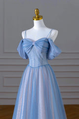 Blue Spaghetti Strap Tulle Long Corset Prom Dress, A-Line Evening Dress outfit, Party Dresses Classy