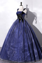 Blue Spaghetti Strap Tulle Long Corset Prom Dress with Star, Blue Evening Party Dress Outfits, Elegant Wedding Dress