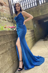 Blue Spaghetti Straps Long Corset Prom Dress With Split Front Gowns, Blue Spaghetti Straps Long Prom Dress With Split Front