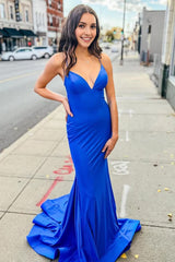 Blue Spaghetti Straps Mermaid Corset Prom Dress outfits, Blue Spaghetti Straps Mermaid Prom Dress