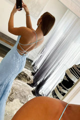Blue Spaghetti Straps Mermaid Corset Prom Dress With Appliques Gowns, Blue Spaghetti Straps Mermaid Prom Dress With Appliques
