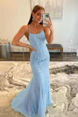 Blue Spaghetti Straps Mermaid Corset Prom Dress With Appliques Gowns, Blue Spaghetti Straps Mermaid Prom Dress With Appliques