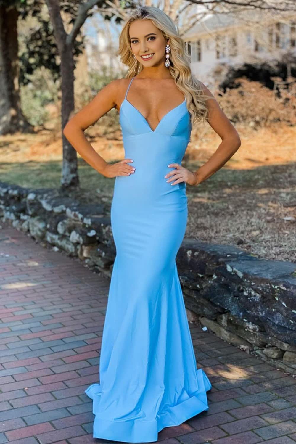 Blue Spaghetti Straps Mermaid Corset Prom Dress outfits, Blue Spaghetti Straps Mermaid Prom Dress