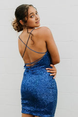 Blue Spaghetti Straps Sequins Corset Homecoming Dress With Criss Cross Back Gowns, Blue Spaghetti Straps Sequins Homecoming Dress With Criss Cross Back