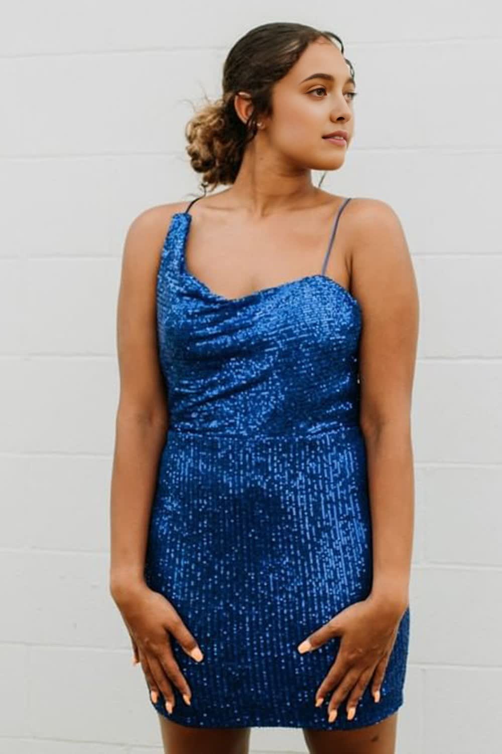 Blue Spaghetti Straps Sequins Corset Homecoming Dress With Criss Cross Back Gowns, Blue Spaghetti Straps Sequins Homecoming Dress With Criss Cross Back