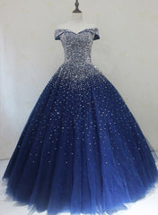 Blue Sparkle Off Shoulder Corset Ball Party Dress , Handmade Beaded Party Dress Outfits, Prom Dresses Classy