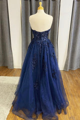 Blue Strapless Lace Long Corset Prom Dress, A-Line Evening Dress Party Dress Outfits, Bridesmaid Dresses Websites
