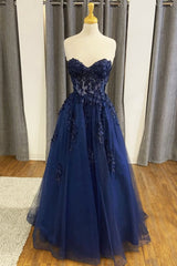 Blue Strapless Lace Long Corset Prom Dress, A-Line Evening Dress Party Dress Outfits, Bridesmaid Dress Websites