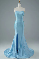 Blue Strapless Mermaid Corset Prom Dress outfits, Blue Strapless Mermaid Prom Dress