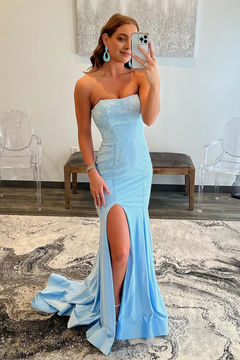 Blue Strapless Mermaid Corset Prom Dress outfits, Blue Strapless Mermaid Prom Dress
