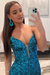 Blue Strapless Sequin Corset Prom Dress with Slit Gowns, Blue Strapless Sequin Prom Dress with Slit