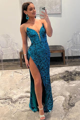 Blue Strapless Sequin Corset Prom Dress with Slit Gowns, Blue Strapless Sequin Prom Dress with Slit
