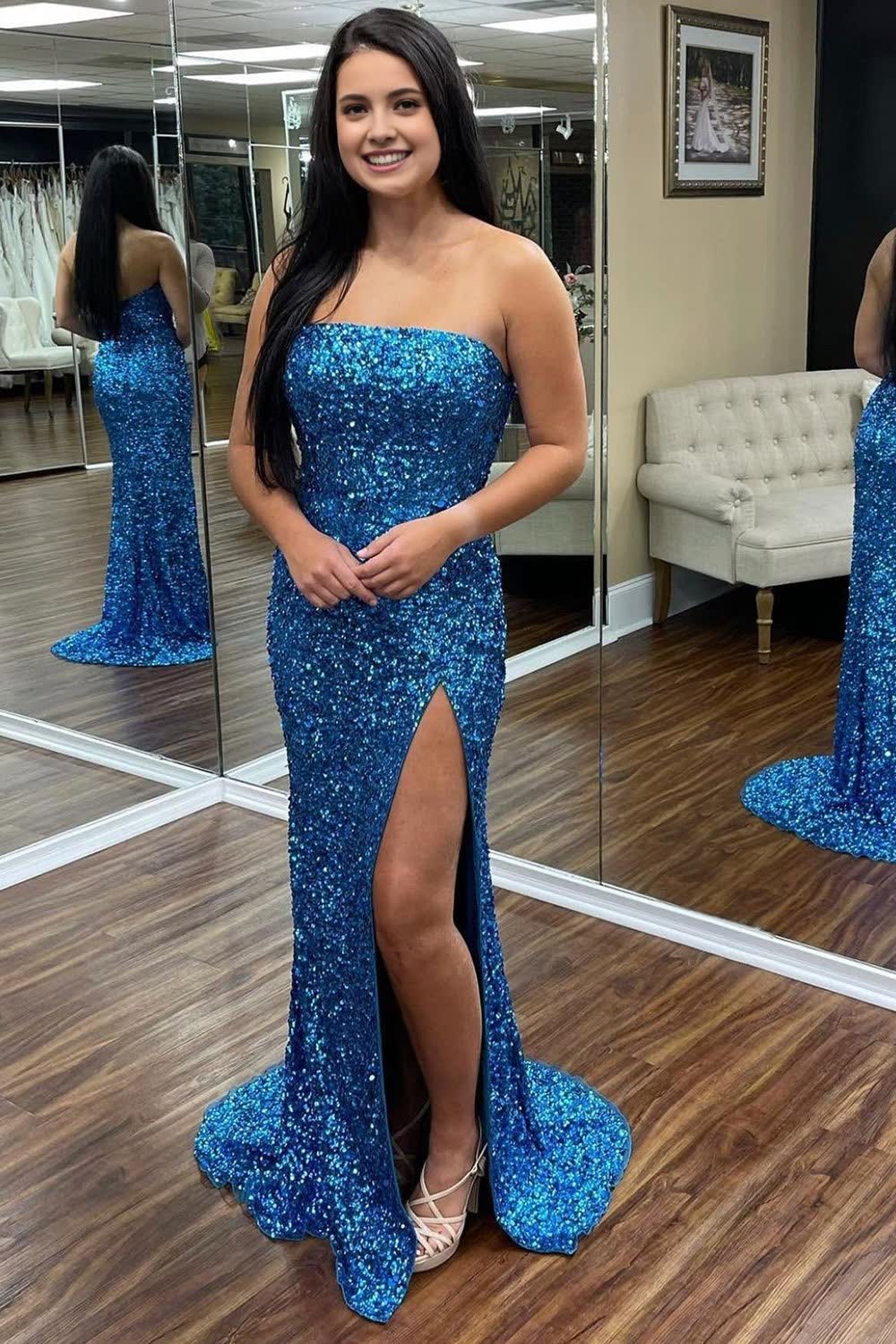 Blue Strapless Sequins Corset Prom Dress with Slit Gowns, Blue Strapless Sequins Prom Dress with Slit