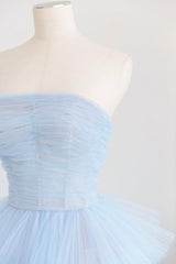 Blue Strapless Tulle Layers Long Corset Prom Dress, A-Line Evening Dress outfit, Bridesmaid Dress Mismatched