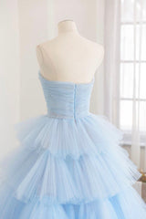 Blue Strapless Tulle Layers Long Corset Prom Dress, A-Line Evening Dress outfit, Bridesmaids Dress Mismatched