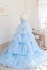 Blue Strapless Tulle Layers Long Corset Prom Dress, A-Line Evening Dress outfit, Bridesmaid Dresses Mismatching