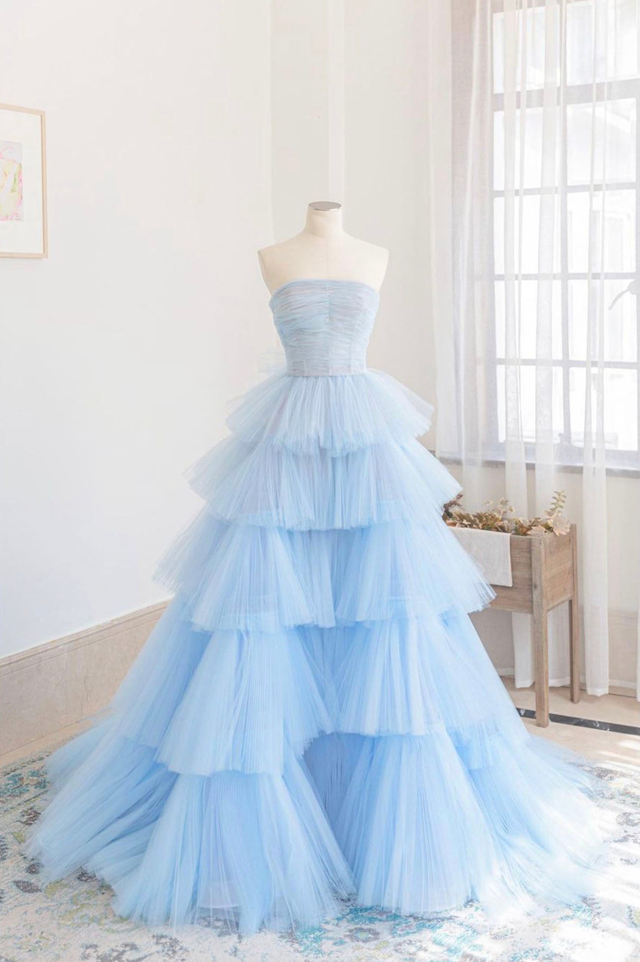 Blue Strapless Tulle Layers Long Corset Prom Dress, A-Line Evening Dress outfit, Bridesmaid Dresses Neutral